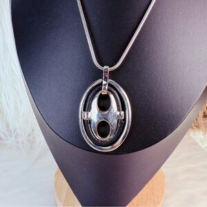 Vintage Aged Silvertone Black Oval Pendant Necklace